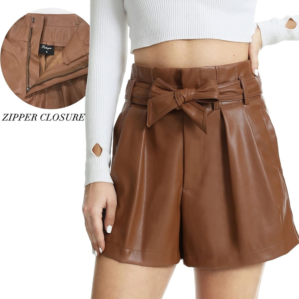 High Waist Brown Faux Leather Shorts - Picture 5 of 9